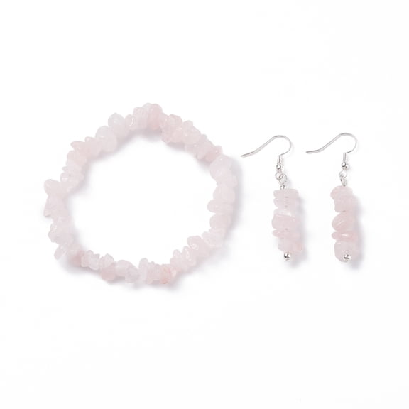 Natural Rose Quartz Chips Beaded Jewelry Set Gemstone Stretch Bracelets Dangle Earrings for Women Platinum 35mm Pin: 0.5mm Inner Diameter: 2-1/8 inch(55mm)