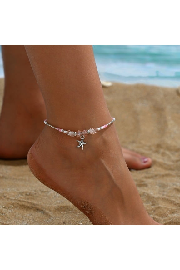 Natural Rose Quartz Chips Beads Anklets Starfish Alloy Charms Anklets Silver 8-1/4 inch(210mm)