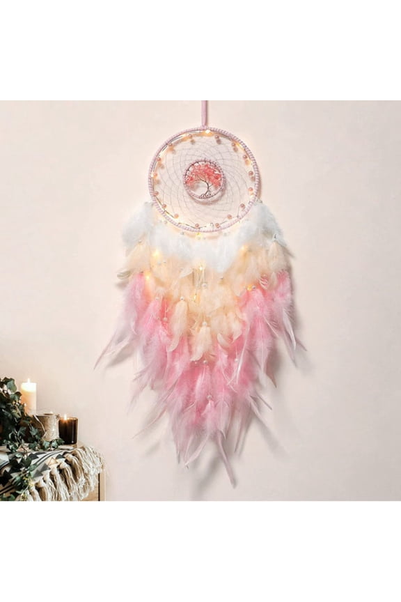 Natural Rose Quartz Chips Flat Round with Tree of Life Pendant Decorations Woven Net/Web with Feather for Home Car Interior Ornaments 480mm