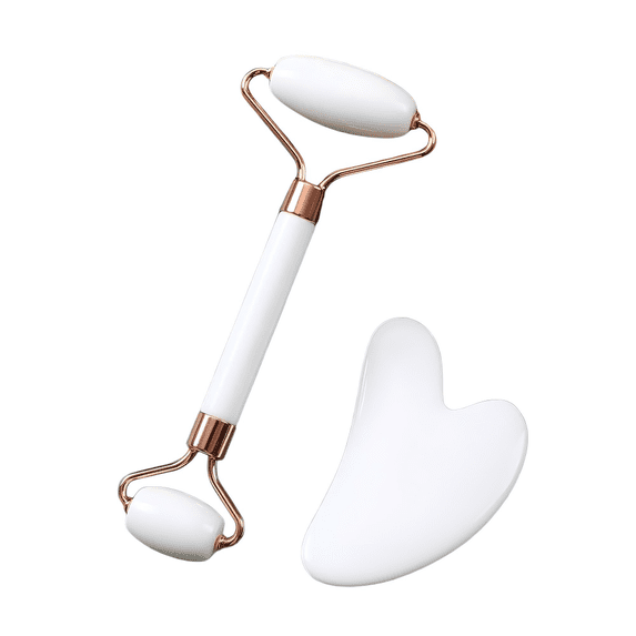 Natural Rose Quartz Facial Roller and Heart-Shaped Gua Sha Set, Dual-Sided Quartz Face Roller for Skin Revitalization, Cooling Stone Massager for Vanity Decor and Daily Self-Care Ritual