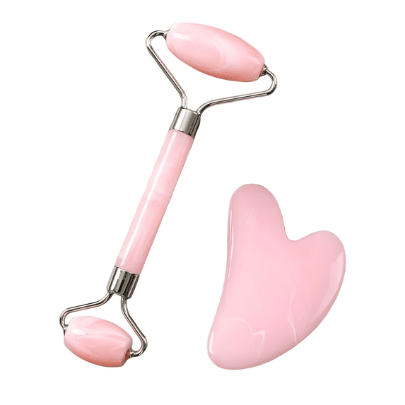 Natural Rose Quartz Facial Roller and Heart-Shaped Gua Sha Set, Dual-Sided Quartz Face Roller for Skin Revitalization, Cooling Stone Massager for Vanity Decor and Daily Self-Care Ritual
