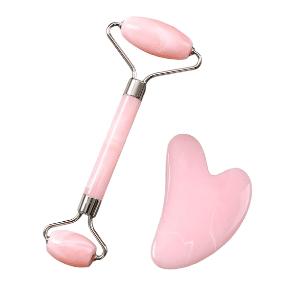Natural Rose Quartz Facial Roller and Heart-Shaped Gua Sha Set, Dual-Sided Quartz Face Roller for Skin Revitalization, Cooling Stone Massager for Vanity Decor and Daily Self-Care Ritual