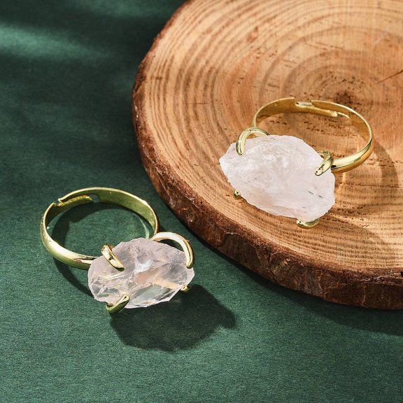 Natural Rose Quartz Finger Rings Golden Tone Brass Finger Rings Rack Plating US Size 8 1/2(18.5mm)