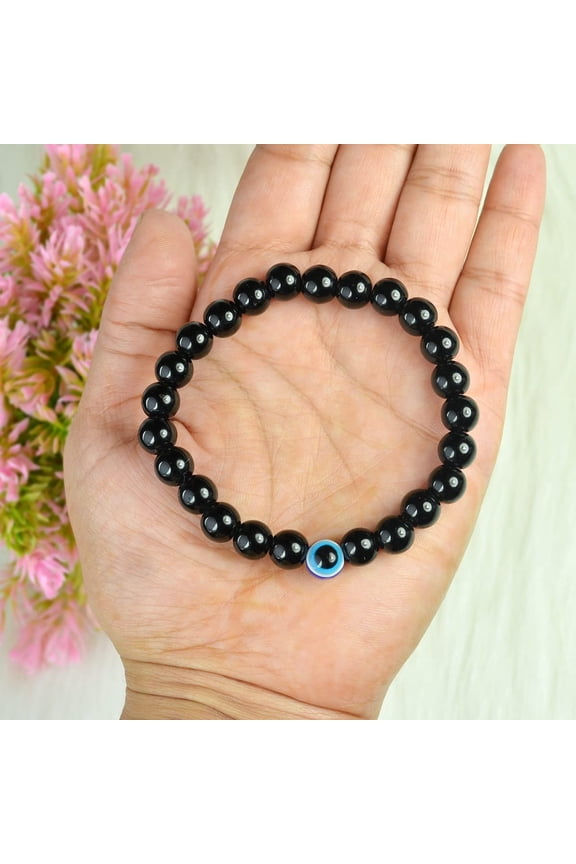 Natural Black Tourmaline Crystal Stones with Evil Eye 8 mm Bead Bracelet for Unisex
