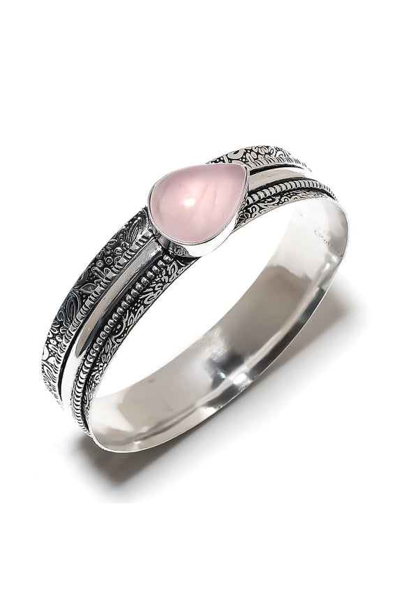 Natural Rose Quartz Gemstone Handmade 925 Sterling Silver Cuff Bangle 7.5"