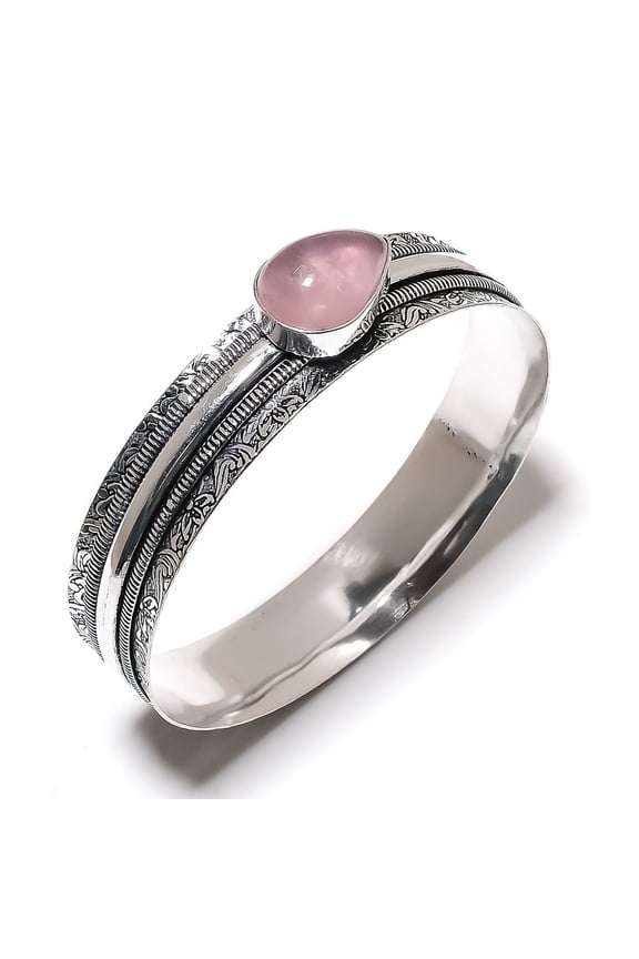 Natural Rose Quartz Gemstone Handmade 925 Sterling Silver Cuff Bangle 7.5"