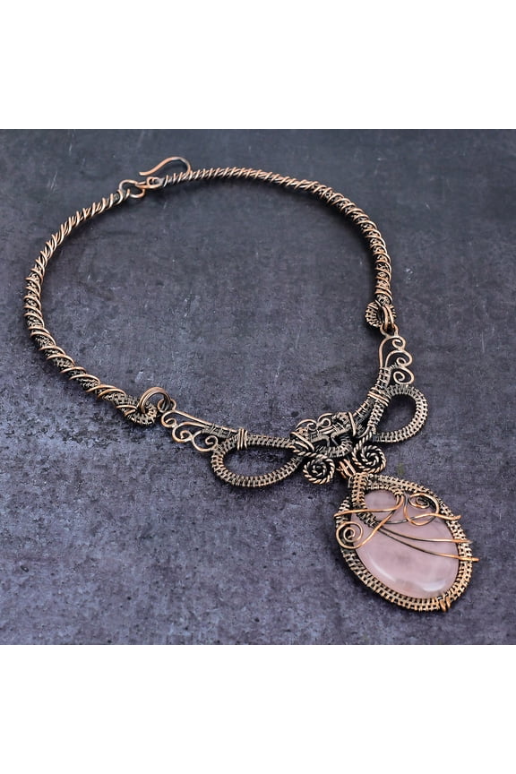 Natural Rose Quartz Gemstone Handmade Copper Wire Wrap Jewelry Necklace 18"