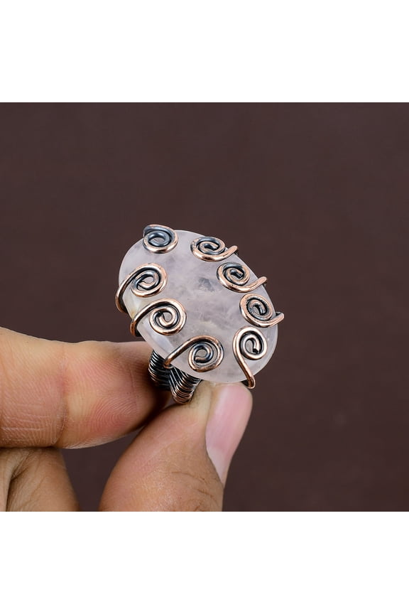 Natural Rose Quartz Gemstone Handmade Copper Wire Wrap Ring Size 6.5
