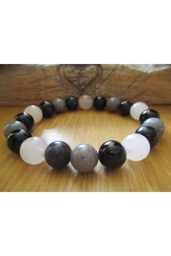 Natural Rose Quartz & Gray Agate 8mm Round Shape Smooth Cut Beads Stretchable Bracelet for Men & Women.