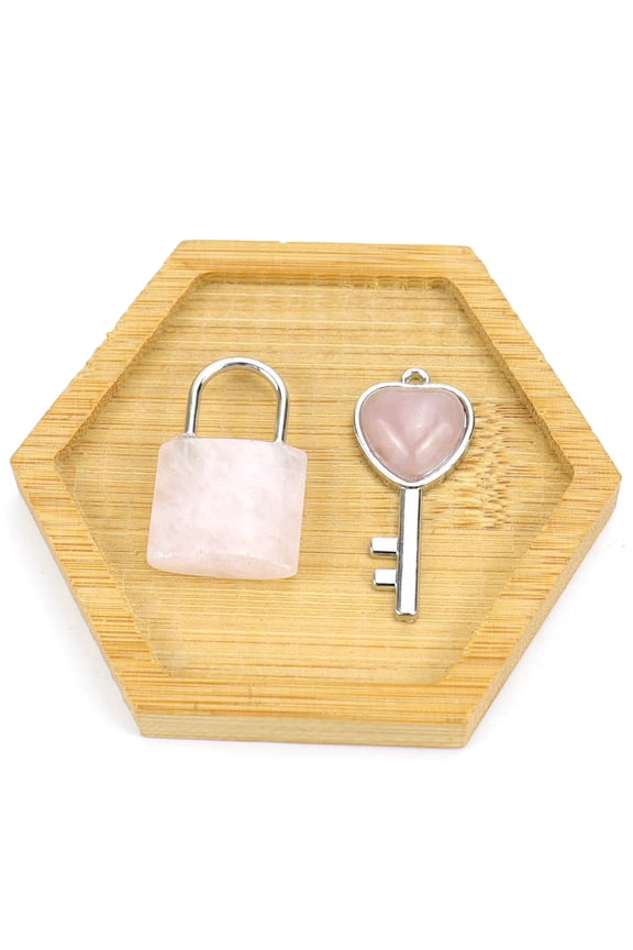 Natural Rose Quartz Love Heart Key and Couple Lock Pendant set for Valentine's Day Lock: 30x20mm Key: 15x40mm