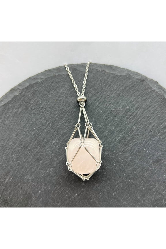 Natural Rose Quartz Macrame Pouch Pendant 201 Stainless Steel Chain Necklaces Stainless Steel Color 23.62 inch(60cm) DIY