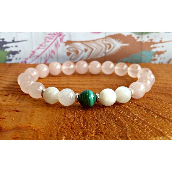 Natural Rose Quartz, Moonstone & Malachite 8mm Round Shape Smooth Cut Beads Stretchable Bracelet for Men & Women.