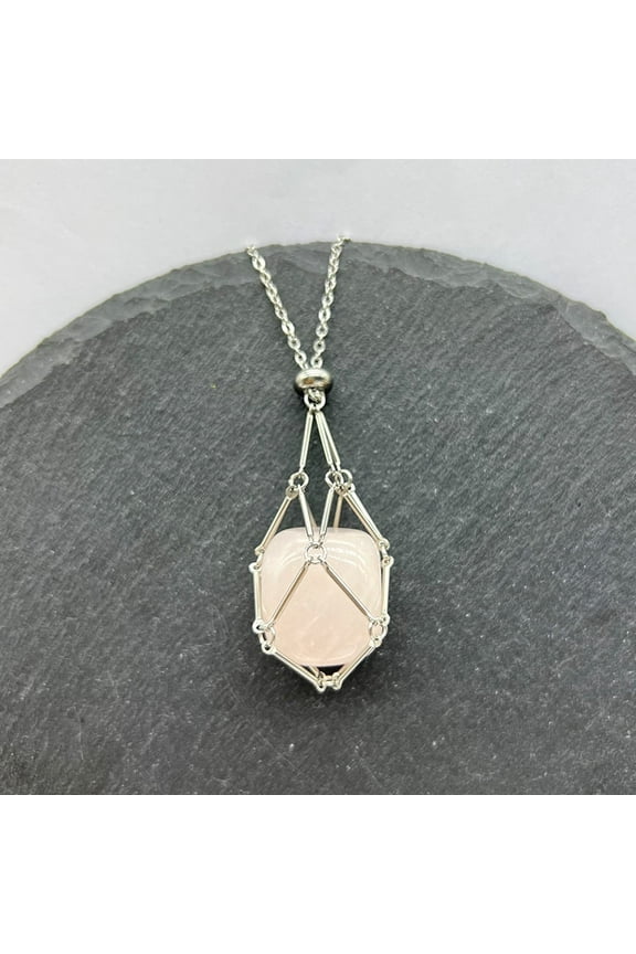 Natural Rose Quartz Nuggets Macrame Pouch Pendant 201 Stainless Steel Chain Necklaces Stainless Steel color 23.62 inch(60cm)