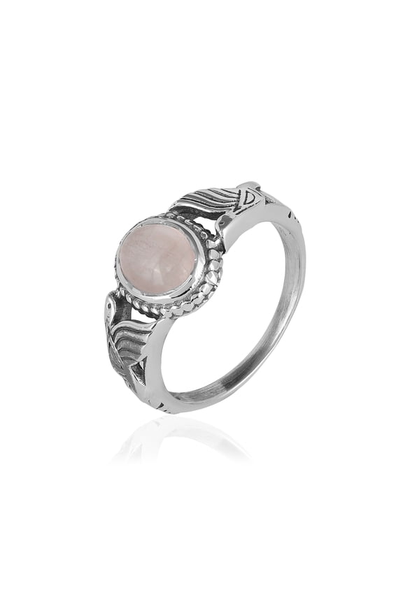 Natural Rose Quartz Oval Cabochon Ring in 925 Oxidized Sterling Silver – Handmade Bezel Set Pink Gemstone Ring for Women, Boho Statement Jewelry Gift – 1.50 Ct – Size 7