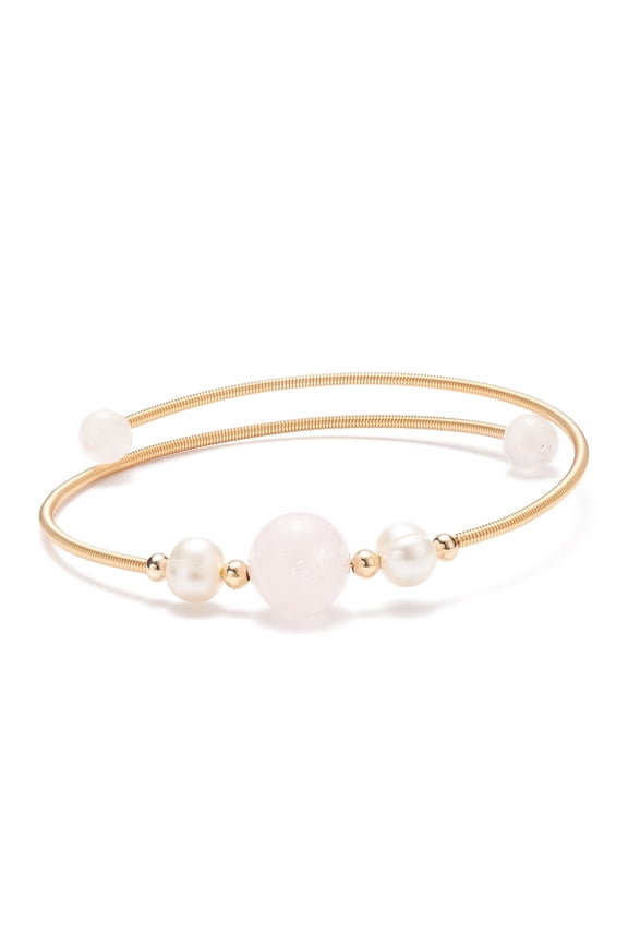 Natural Rose Quartz Pearl Round Beaded Bangle Brass Torque Bangle for Women Golden Inner Diameter: 2-1/4 inch(5.6cm)