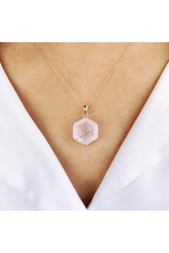 Natural Rose Quartz Pendant, 14K Solid Yellow Gold Quartz Pendant, January Birthstone Pendant, Hexagon Shape Pendant, Rose Quartz Jewelry