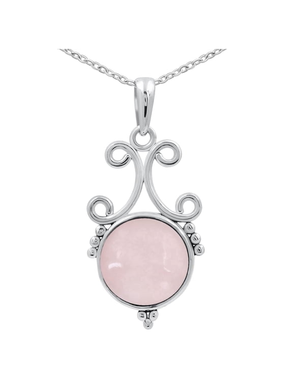 Natural Rose Quartz Pendant Necklace - January Birthstone 925 Silver Plated Pink Color Round Gemstone Handmade Jewelry Necklace - Gifts for Mom Sister Wife