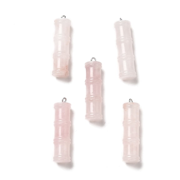 Natural Rose Quartz Pendants Bamboo Stick Charms with Stainless Steel color Tone 304 Stainless Steel Loops 45x12.5mm Hole: 2mm