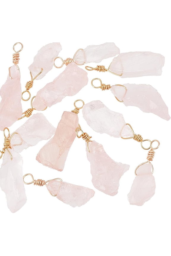 Natural Rose Quartz Pendants with Real 18K golden Plated Eco-Friendly Copper Wire Nuggets 24.5~32x7.5~13x7~10mm Hole: 3mm 16pcs/box