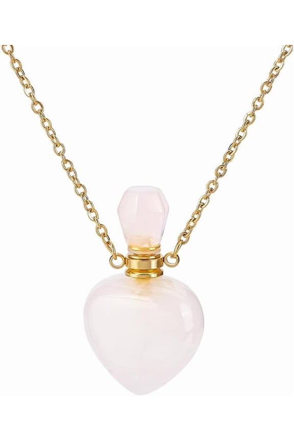 Natural Rose Quartz Perfume Bottle Necklace Heart Shape Essential Oil Diffuser Bottle Real Quartz Stone Necklace Golden Chain