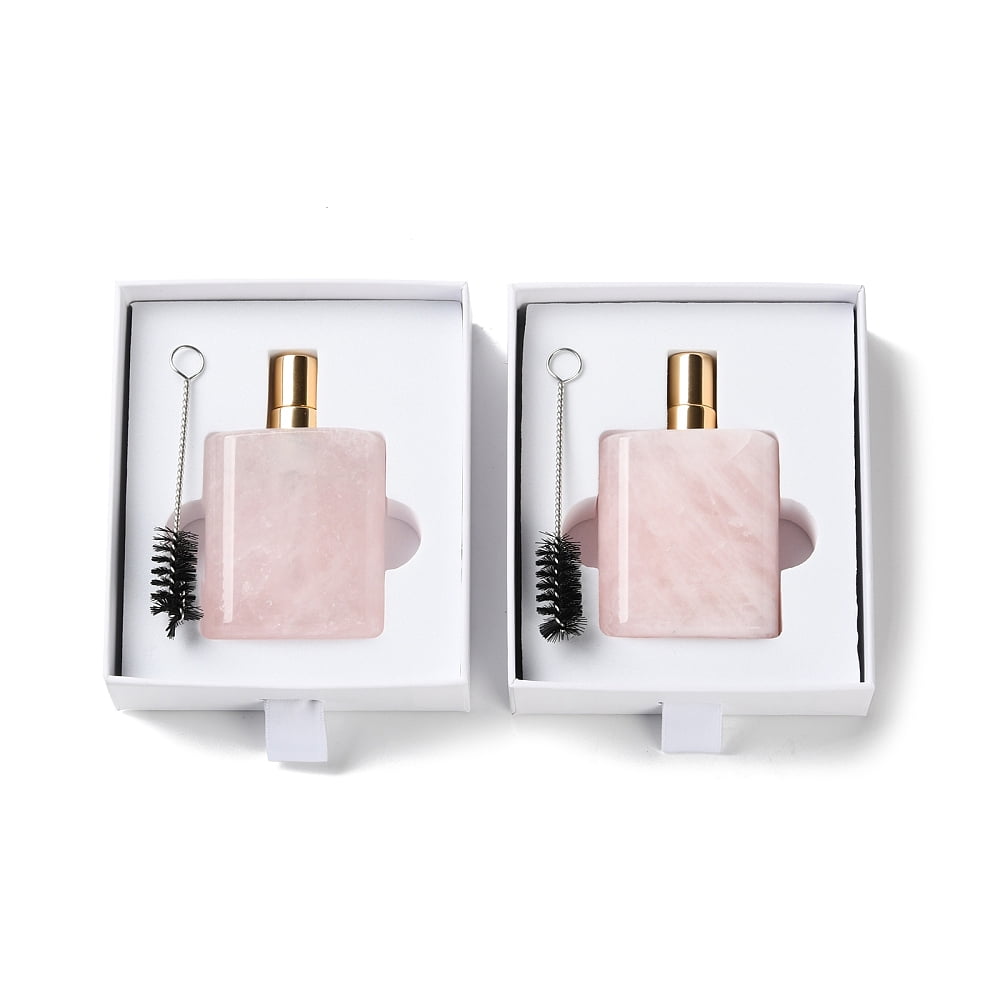 Natural Rose Quartz Perfume Bottle with Plating Plastic Findings and Aluminium Alloy Cap Refillable Bottle for Cosmetics Essential Oil Emulsion 4.9x2.6x8.1cm