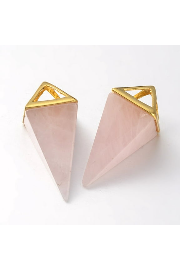 Natural Rose Quartz Point Pendulum Pendants with Golden Plated Brass Findings 30-34x15x15mm Hole: 5x6mm
