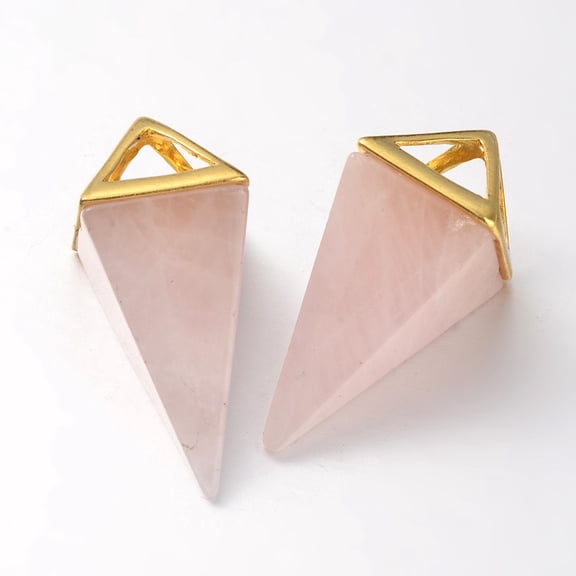 Natural Rose Quartz Point Pendulum Pendants with Golden Plated Brass Findings 30~34x15x15mm Hole: 5x6mm