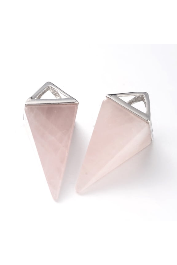 Natural Rose Quartz Point Pendulum Pendants with Platinum Plated Brass Findings 30-34x15x15mm Hole: 5x6mm