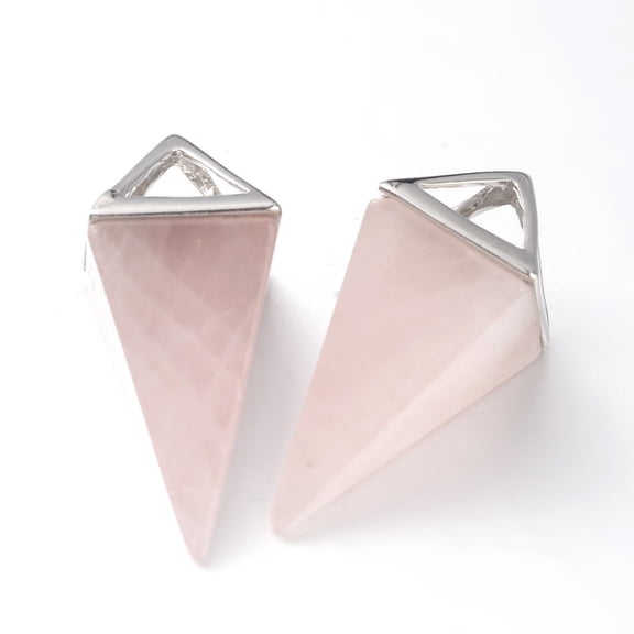 Natural Rose Quartz Point Pendulum Pendants with Platinum Plated Brass Findings 30~34x15x15mm Hole: 5x6mm
