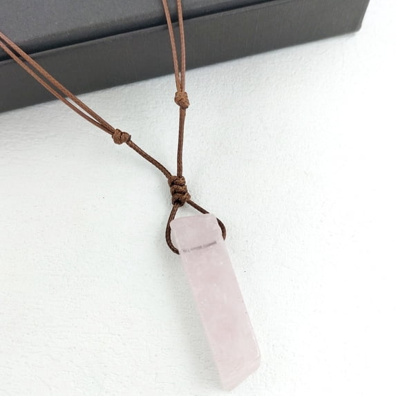 Natural Rose Quartz Rectangle Pendant Necklaces Camel Color Imitation Leather Cord Necklaces for Women 19.69~23.62 inch(50~60cm) diy