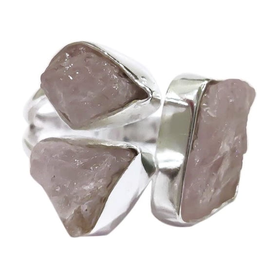 Natural Rose Quartz Ring, Raw Quartz Gemstone Ring, Birthstone, Triple Stone, 925 Sterling Silver, Womens Ring, Christmas, Adjustable Ring, Handmade, Statement Jewelry, Rough Jewelry