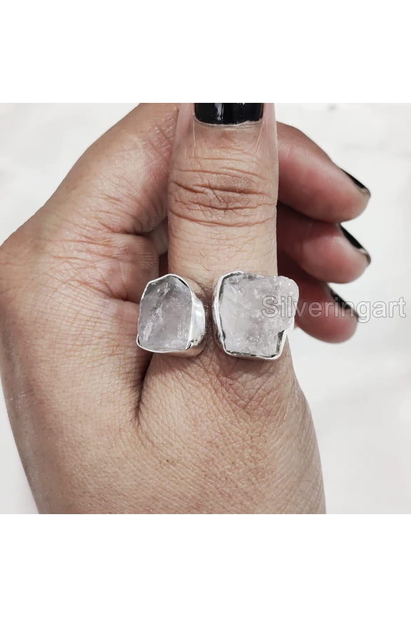Natural Rose Quartz Ring, Rough Quartz Gemstone Ring, 2 Stone Adjustable Ring, 925 Sterling Silver, Womens Ring, Christmas, Thanksgiving, Handmade, Statement Jewelry, Rough Gemstone Jewelry