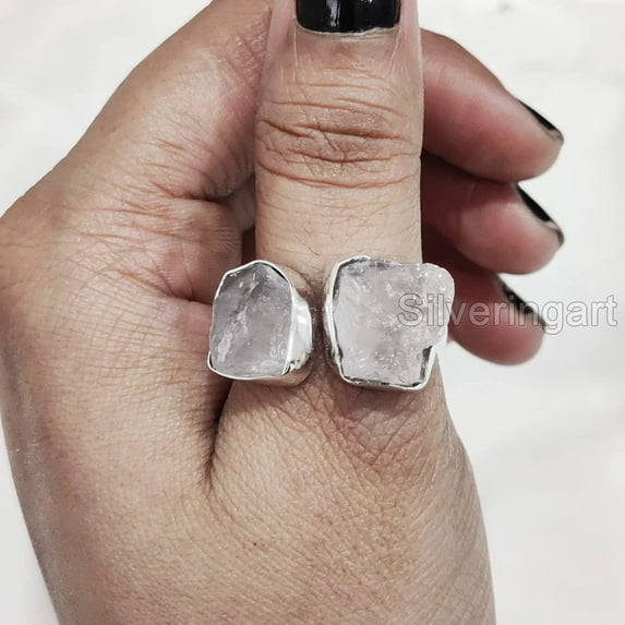 Natural Rose Quartz Ring, Rough Quartz Gemstone Ring, 2 Stone Adjustable Ring, 925 Sterling Silver, Womens Ring, Christmas, Thanksgiving, Handmade, Statement Jewelry, Rough Gemstone Jewelry