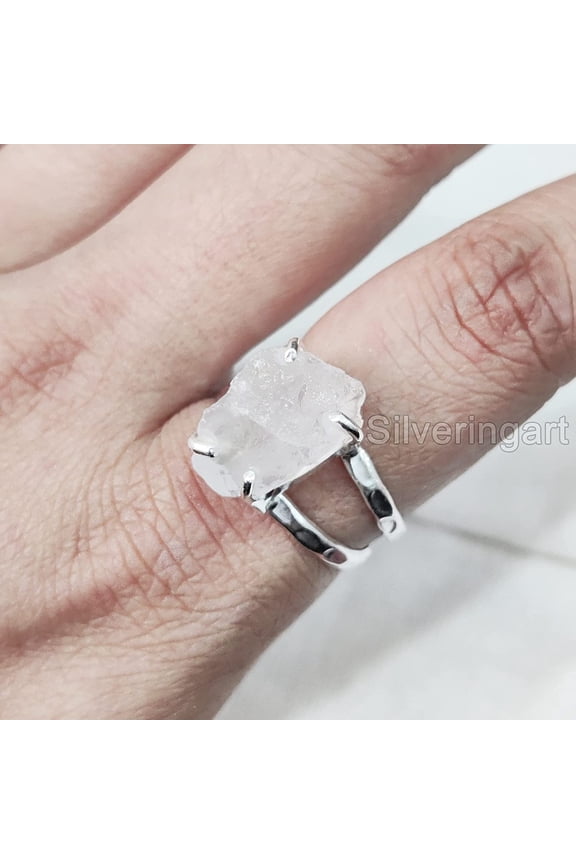 Natural Rose Quartz Ring, Rough Quartz Gemstone Ring, Birthstone, 2 Hammered Band, 925 Sterling Silver, Womens Ring, Christmas, Thanksgiving, Handmade, Statement Jewelry, Rough Gemstone Jewelry