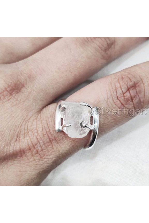 Natural Rose Quartz Ring, Rough Quartz Gemstone Ring, Birthstone, Cross Band, 925 Sterling Silver, Womens Ring, Christmas, Thanksgiving, Handmade, Statement Jewelry, Rough Gemstone Jewelry