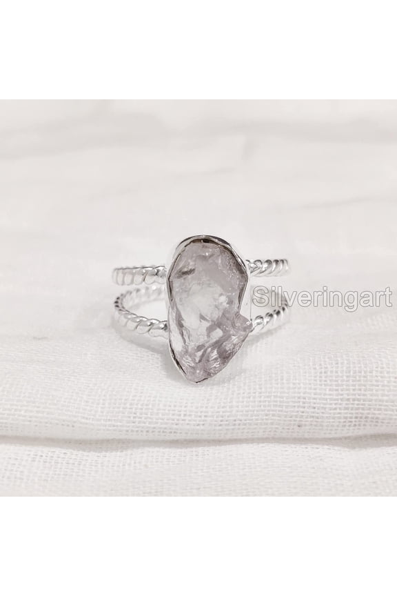 Natural Rose Quartz Ring, Rough Quartz Gemstone Ring, Birthstone, Dual Twisted Band, 925 Sterling Silver, Womens Ring, Christmas, Thanksgiving, Handmade, Statement Jewelry, Rough Gemstone Jewelry