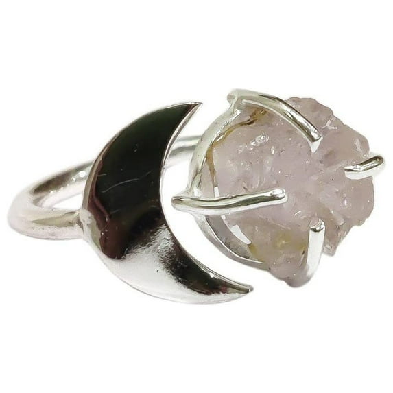 Natural Rose Quartz Ring, Rough Quartz Gemstone Ring, Birthstone, Crescent Moon, 925 Sterling Silver, Womens Ring, Christmas, Thanksgiving, Handmade, Statement Jewelry, Rough Gemstone Jewelry