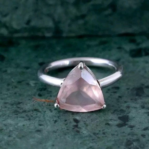 Natural Rose Quartz Ring, Triangle Shape Gemstone, Ethnic Prong Setting, Birthstone Jewelry, 925 Sterling Silver Ring, Engagement Women Ring