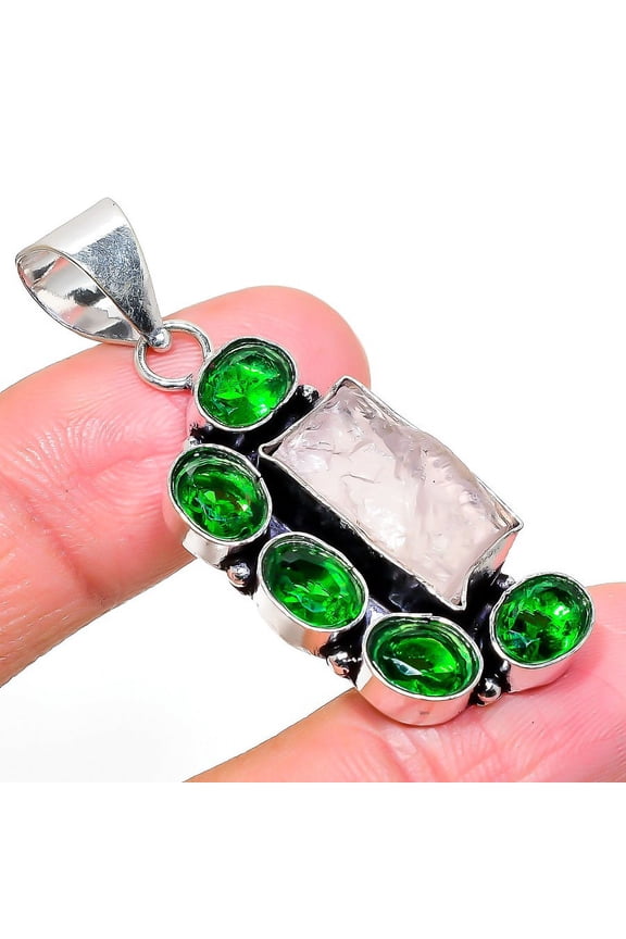 Natural Rose Quartz Rough,Diopside Stone 925 Sterling Silver Pendant 1.97"
