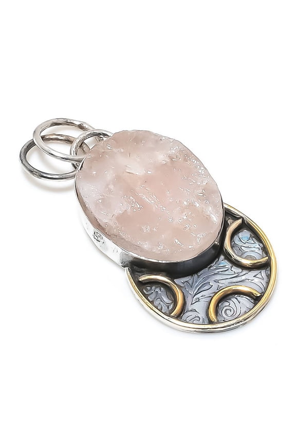 Natural Rose Quartz Rough Stone 925 Sterling Silver Two Tone Pendant 2.01"