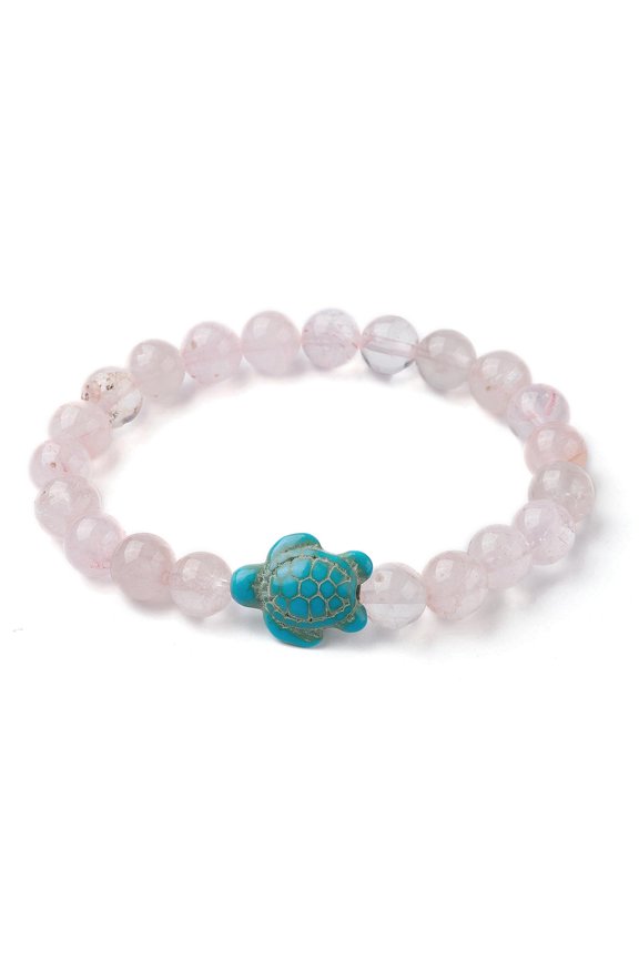 Natural Rose Quartz & Turquoise Turtle Beaded Stretch Bracelet Inner Diameter: 2-1/8 inch(5.5cm)