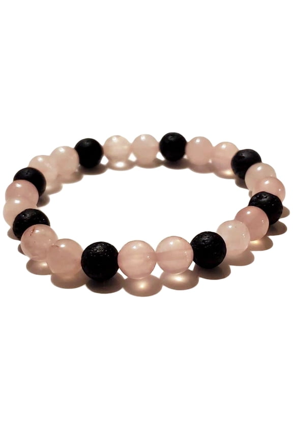 Natural Rose Quartz & Volcanic Lava 8mm Round Shape Smooth Cut Beads Stretchable Bracelet For Men & Women. Unisex Bracelet