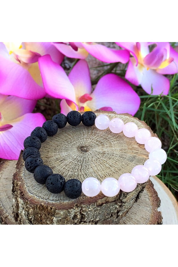 Natural Rose Quartz & Volcanic Lava 8mm Round Shape Smooth Cut Beads Stretchable Bracelet for Men & Women.