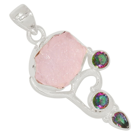 Natural Rose Rough - Madagascar & Rainbow Quartz 925 Silver Pendant ALLP-22400
