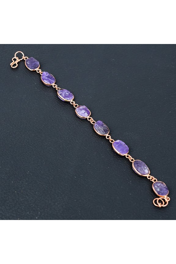 Natural Rough Amethyst Gemstone Handmade Copper Gift Jewelry Bracelet 7-8"