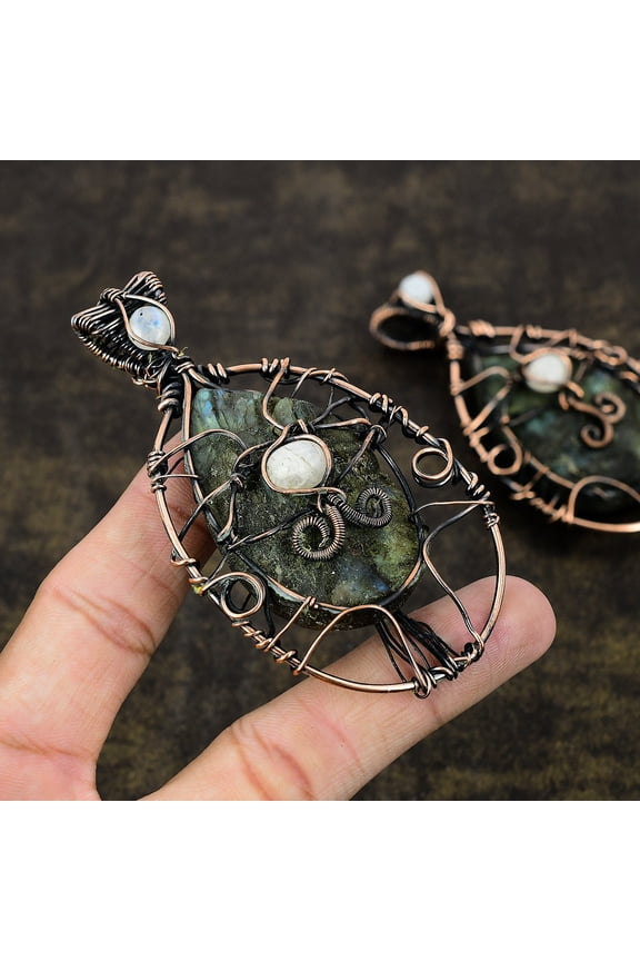 Natural Rough Labradorite,Moonstone Gemstone Copper Wire Wrap Pendant 3.54"
