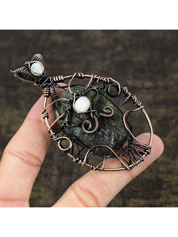 Natural Rough Labradorite,Moonstone Gemstone Copper Wire Wrap Pendant 3.54"