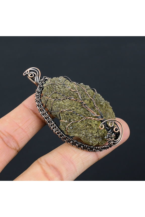 Natural Rough Prehnite Gemstone Handmade Copper Wire Wrap Pendant 2.76"