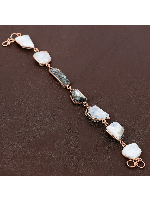 Natural Rough Rainbow Moonstone Gemstone Handmade Copper Bracelet 7-8"