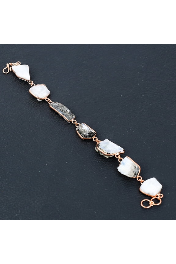 Natural Rough Rainbow Moonstone Gemstone Handmade Copper Bracelet 7-8"